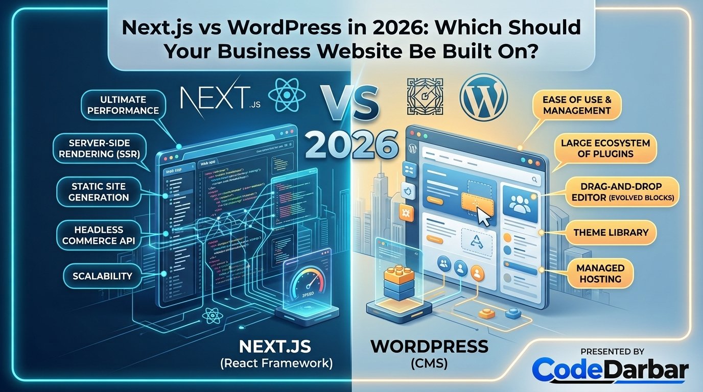 Next.js vs WordPress in 2026: Which Should Your Business Website Be Built On? — Web Development article by Code Darbar